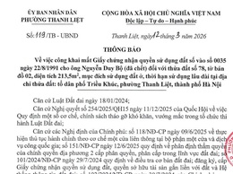 Thông báo công khai mất Giấy chứng nhận quyền sử dụng đất số vào sổ 0035 ngày 22/8/1991 cho ông Nguyễn Duy Bộ (đã chết) đối với thửa đất số 78, tờ bản đồ 02, diện tích 213,5m2