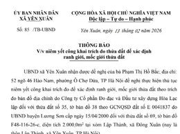 UBND xã Yên Xuân niêm yết công khai trích đo thửa đất để xác định ranh giới, mốc giới đối với thửa đất số 69, tờ bản đồ F48-116-26-c, diện tích 2.000,0m2 tại xóm Lập Thành, xã Đông Xuân (thôn Lập Thành, xã Yên Xuân, TP Hà Nội).