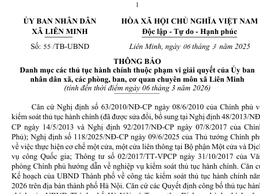 THÔNG BÁO Danh mục các thủ tục hành chính thuộc phạm vi giải quyết của Ủy ban nhân dân xã, các phòng, ban, cơ quan chuyên môn xã Liên Minh (tính đến thời điểm ngày 06 tháng 3 năm 2026)