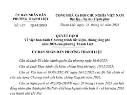 UBND PHƯỜNG THANH LIỆT THÔNG BÁO CHƯƠNG TRÌNH TIẾT KIỆM, CHỐNG LÃNG PHÍ NĂM 2026