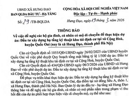 THÔNG BÁO
Về việc đề nghị các hộ gia đình, cá nhân có mộ di chuyển để thực hiện dự án: Đầu tư xây dựng hạ tầng kỹ thuật khu tái định cư tại xã Cộng Hòa, huyện Quốc Oai (nay là xã Hưng Đạo, thành phố Hà Nội)