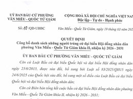 CÔNG BỐ KẾT QUẢ BẦU CỬ ĐẠI BIỂU HỘI ĐỒNG NHÂN DÂN PHƯỜNG VĂN MIẾU - QUỐC TỬ GIÁM KHÓA II, NHIỆM KỲ 2026 – 2031