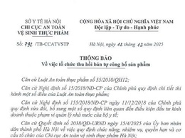 Thông báo v/v tổ chức thu hồi bản tự công bố sản phẩm (Công ty CP TM và XNK Phương Minh)
