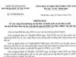 THÔNG BÁO
Về việc công khai phương án dự thảo và danh sách các hộ dân có đất thu hồi để thực hiện dự án: Lắp đặt 06 ngăn lộ 220kV tại TBA 500kV Tây Hà Nội.