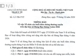 THÔNG BÁO
Về việc tổ chức các buổi tiêm chủng thường xuyên trên địa bàn xã Hưng Đạo tháng 4 năm 2026