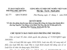 Phường Phú Thượng công khai quyết định về việc cho phép chuyển mục đích sử dụng đất trồng cây hàng năm thành đất ở cho ông Nguyễn Văn Dũng và bà Đinh Thị Thư, địa chỉ Tổ dân phố số 8, phường Phú Thượng, thành phố Hà Nội