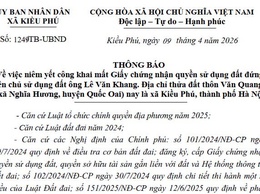 Niêm yết công khai mất Giấy chứng nhận quyền sử dụng đất đứng tên chủ sử dụng đất ông Lê Văn Khang. Địa chỉ thửa đất thôn Văn Quang, (xã Nghĩa Hương, huyện Quốc Oai) nay là xã Kiều Phú, thành phố Hà Nội
