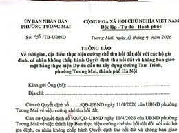 UBND Phường Tương Mai ban hành Thông báo số 455/TB-UBND ngày 13/1/2026 