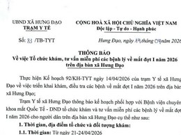 Thông báo: Về việc Tổ chức khám, tư vấn miễn phí các bệnh lý về mặt đợt I năm 2026 trên địa bàn xã Hưng Đạo