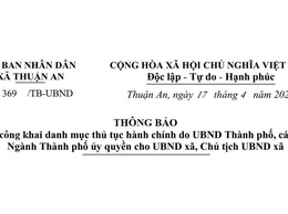 Thông báo công khai danh mục TTHC do UBND TP, các Sở ủy quyền cho xã