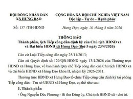 Thông báo
Thành phần, lịch Tiếp công dân định kỳ của Chủ tịch HĐND xã và Đại biểu HĐND xã Hưng Đạo (thứ 5 ngày 23/4/2026)