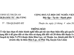 Thông báo lựa chọn tổ chức hành nghề đấu gíá tài sản thực hiện đấu giá quyền sử dụng đất ở để giao đất có thu tiền sử dụng đất đối với 20 thửa đất thuộc ô quy hoạch ký hiệu N-PT4 thuộc thôn Hàn Lạc