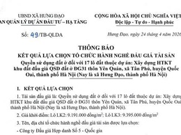 THÔNG BÁO
KẾT QUẢ LỰA CHỌN TỔ CHỨC HÀNH NGHỀ ĐẢU GIÁ TÀI SẢN Quyền sử dụng đất ở đối với 17 lô đất thuộc dự án: Xây dựng HTКТ khu đất đấu giá QSD đất ở ĐG31 thôn Yên Quán