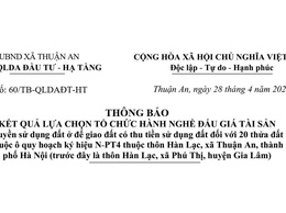 THÔNG BÁO KẾT QUẢ LỰA CHỌN TỔ CHỨC HÀNH NGHỀ ĐẤU GIÁ TÀI SẢN