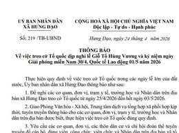 THÔNG BÁO
Về việc treo cờ Tổ quốc dịp nghỉ lễ Giỗ Tổ Hùng Vương và kỷ niệm ngày Giải phóng miền Nam 30/4, Quốc tế Lao động 01/5 năm 2026
