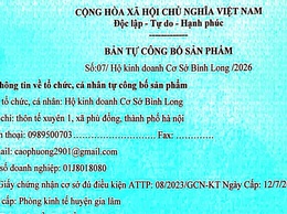 Bản tự công bố sản phẩm Hộ kinh doanh Cơ Sở Bình Long, thôn Tế Xuyên 1, xã Phù Đổng, TP Hà Nội.