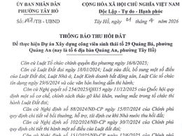 Thông báo thu hồi đất để thực hiện Dự án xây dựng xây dựng công viên sinh thái tổ 29 Quảng Bá, phường Quảng An (nay là tổ 6 địa bàn Quảng An, phường Tây Hồ) 