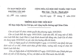 Thông báo thu hồi đất để thực hiện Dự án cải tạo, mở rộng tuyến đường ngõ Xóm Chùa