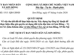 Quyết định về việc thu hồi đấy để thực hiện dự án trên địa bàn xã Sơn Đồng
