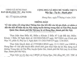 THÔNG BÁO
Về việc niêm yết công khai Thông báo thu hồi đất của các hộ gia đình, cá nhân có đất thu hồi để thực hiện dự án: Xây dựng tuyến đường Trung tâm xã Tân Phú nay xã Hưng Đạo