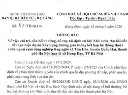 THÔNG BÁO 
Về việc chi trả tiền bồi thường, hỗ trợ tái định cư khi nhà nước thu hồi đất thực hiện dự án: Xây dựng đường giao thông kết hợp hệ thống thoát nước cụm công nghiệp làng nghề xã Tân Hòa