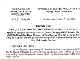 XÃ SÓC SƠN THÔNG BÁO KẾT QUẢ LỰA CHỌN TỔ CHỨC HÀNH NGHỀ ĐẤU GIÁ TÀI SẢN