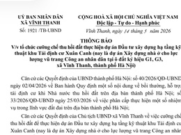 UBND xã Vĩnh Thanh ban hành thông báo về việc tổ chức cưỡng chế thu hồi đất để thực hiện dự án Xây dựng nhà ở cho lực lượng vũ trang Công an nhân dân tại ô đất ký hiệu G1, G3, xã Vĩnh Thanh, thành phố Hà Nội
