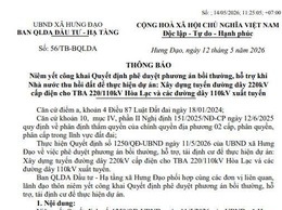 Thông báo niêm yết công khai Quyết Định phê duyệt phương án bồi thường, hỗ trợ khi Nhà nước thu hồi thực hiện dự án Xây dựng tuyến đường dây cấp điện cho Hòa Lạc và các đường dây xuất tuyến