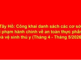 Tây Hồ: Công khai danh sách các cơ sở vi phạm hành chính về an toàn thực phẩm và vệ sinh thú y (Tháng 4 - Tháng 5/2026)
