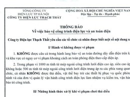 THÔNG BÁO
Về việc bảo vệ công trình điện lực và an toàn điện