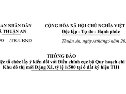 Thông báo về việc tổ chức lấy ý kiến đối với Điều chỉnh cục bộ Quy hoạch chi tiết Khu đô thị mới Đặng Xá, tỷ lệ 1/500 tại ô đất ký hiệu TH1