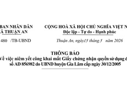 Thông báo về việc niêm yết công khai mất Giấy chứng nhận quyền sử dụng đất số AD 856982 do UBND huyện Gia Lâm cấp ngày 30/12/2005