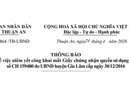 Niêm yết công khai mất Giấy chứng nhận quyền sử dụng đất số CH 159480 do UBND huyện Gia Lâm cấp ngày 30/12/2016