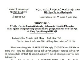 THÔNG BÁO 
Về việc yêu cầu thu dọn tài sản, cây cối, hoa màu trên đất để bàn giao trả lại nguyên trạng mặt bằng tại khu đất trại giống Khoai Ròi, thôn Yên Nội, xã Hưng Đạo, thành phố Hà Nội