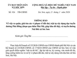 THÔNG BÁO RA QUÂN, GIẢI TỎA CÁC VI PHẠM VỀ ĐẤT ĐAI, TRẬT TỰ XÂY DỰNG DỌC TUYẾN ĐƯỜNG PHÙ ĐỔNG (ĐOẠN QUA THÔN PHÙ MÃ, GIÁP KHU ĐÔ THỊ), VÀ TUYẾN ĐƯỜNG NÚI ĐÔI XÃ SÓC SƠN.