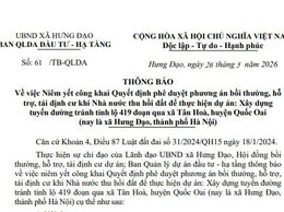 THÔNG BÁO
Về việc Niêm yết công khai Quyết định phê duyệt phương án bồi thường, hỗ trợ, tái định cư khi Nhà nước thu hồi đất để thực hiện dự án: Xây dựng tuyến đường tránh tỉnh lộ 419
