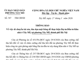 Thông báo về việc di chuyển tài sản, thu dọn mặt bằng để thực hiện Dự án Đầu tư Khu nhà ở Tây Mỗ, tại phường Tây Mỗ, thành phố Hà Nội