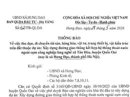 THÔNG BÁO 
Về việc thu dọn, di chuyến tài sản, hàng hóa, vật tư, trang thiết bị, vật kiến trúc trên đất thuộc dự án: Xây dựng đường giao thông kết hợp hệ thống thoát nước ngoài cụm công nghiệp làng nghề xã Tân Hòa