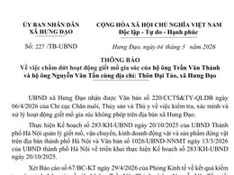 THÔNG BÁO
Về việc chấm dứt hoạt động giết mổ gia súc của hộ ông Trần Văn Thảnh và hộ ông Nguyễn Văn Tấn cùng địa chỉ: Thôn Đại Tảo, xã Hưng Đạo