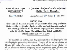 THÔNG BÁO
Về việc niêm yết danh sách công khai kết quả kiểm tra hồ sơ Đăng ký đất đai, tài sản gắn liền với đất, cấp giấy chứng nhận quyền sử dụng đất của ông Nguyễn Văn Hải