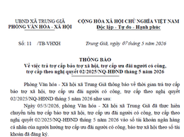 THÔNG BÁO
Về việc trả trợ cấp bảo trợ xã hội, trợ cấp ưu đãi người có công, trợ cấp theo nghị quyết 02/2025/NQ-HĐND tháng 5 năm 2026