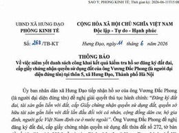 THÔNG BÁO
Về việc niêm yết danh sách công khai kết quả kiểm tra hồ sơ đăng ký đất đai, cấp giấy chúng nhận quyền sử dụng đất của ông Vương Đắc Phong (là người đại diện đứng tên) tại thôn 5, xã Hưng Đạo, Thành phố Hà Nội