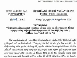 THÔNG BÁO
Về việc niêm yết danh sách công khai kết quả kiểm tra hồ sơ đăng ký đất đai, cấp giấy chúng nhận quyền sử dụng đất của bà Tiến Thị Lý tại thôn 3, xã Hưng Đạo, Thành phố Hà Nội
