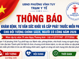 THÔNG BÁO
KHÁM BỆNH, TƯ VẤN SỨC KHỎE VÀ CẤP PHÁT THUỐC MIỄN PHÍ CHO ĐỐI TƯỢNG CHÍNH SÁCH, NGƯỜI CÓ CÔNG NĂM 2026