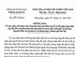THÔNG BÁO
Về việc niêm yết danh sách công khai kết quả kiểm tra hồ sơ đề nghị công nhận cấp đổi đối với phần diện tích tăng thêm do thay đổi ranh giới của hộ ông Nguyễn Hữu Ân tại thôn 5, xã Hưng Đạo, Thành phố Hà Nội