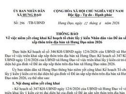 Thông báo về việc niêm yết công khai Kế hoạch tổ chức lấy ý kiến Nhân dân vào Đề án sắp xếp thôn trên địa bàn xã Hưng Đạo năm 2026