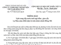 THÔNG BÁO
Lịch cung cấp nước tưới ngã dầm, gieo cấy vụ Mùa năm 2026 (đợt 2) trên kênh chính Đồng Mô