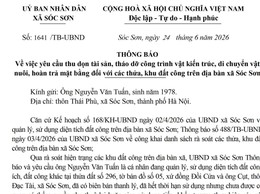 THÔNG BÁO VỀ VIỆC YÊU CẦU THU DỌN TÀI SẢN, THÁO DỠ CÔNG TRÌNH VẬT KIẾN TRÚC, DI CHUYỂN VẬT NUÔI, HOÀN TRẢ MẶT BẰNG ĐỐI VỚI CÁC THỬA, KHU ĐẤT CÔNG TRÊN ĐỊA BÀN XÃ SÓC SƠN