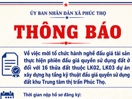 THÔNG BÁO MỜI TỔ CHỨC HÀNH NGHỀ ĐẤU GIÁ QSD 16 THỬA ĐẤT KHU LK02, LK03 KHU TRUNG TÂM THỊ TRẤN, XÃ PHÚC THỌ