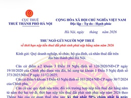 UBND Phường Tương Mai thông báo THƯ NGỎ gửi người nộp thuế về thời hạn nộp tiền thuê đất phát sinh phải nộp hằng năm năm 2026
